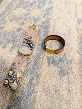2 Snake-Print Leather Cuff Bracelet with Gold Accents